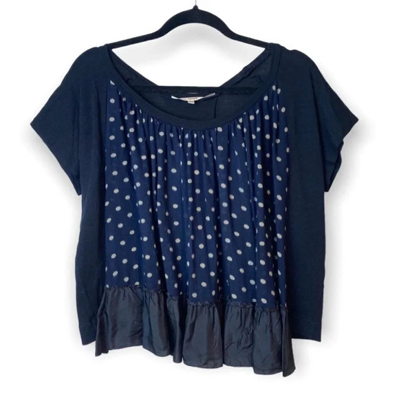 HACHE Wool  Navy Blue Polka Dot Loose Fit Ruffle Hem Top - Picture 3 of 8